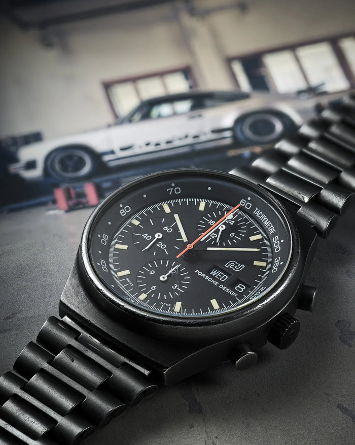 Mark Munro’s Orfina Porsche Design Chronograph 1 photographed by Isamu Sawa with the 1976 Porsche 911 Carrera 3.0