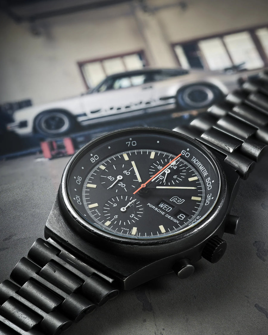 Mark Munro’s Orfina Porsche Design Chronograph 1 photographed by Isamu Sawa with the 1976 Porsche 911 Carrera 3.0