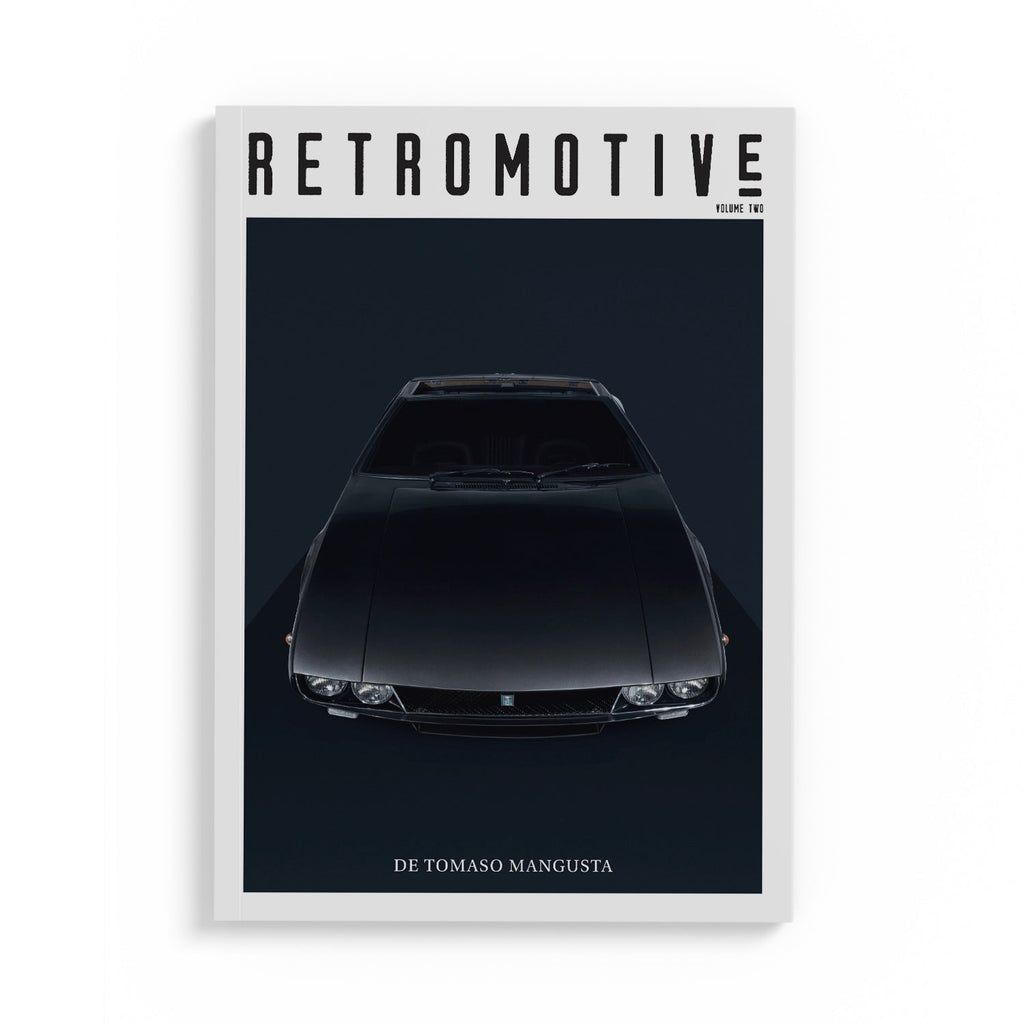 Retromotive Magazine Volume 2 — classic car magazine cover featuring Peugeot 205 GTI, DeTomaso Mangusta and Lotus 11